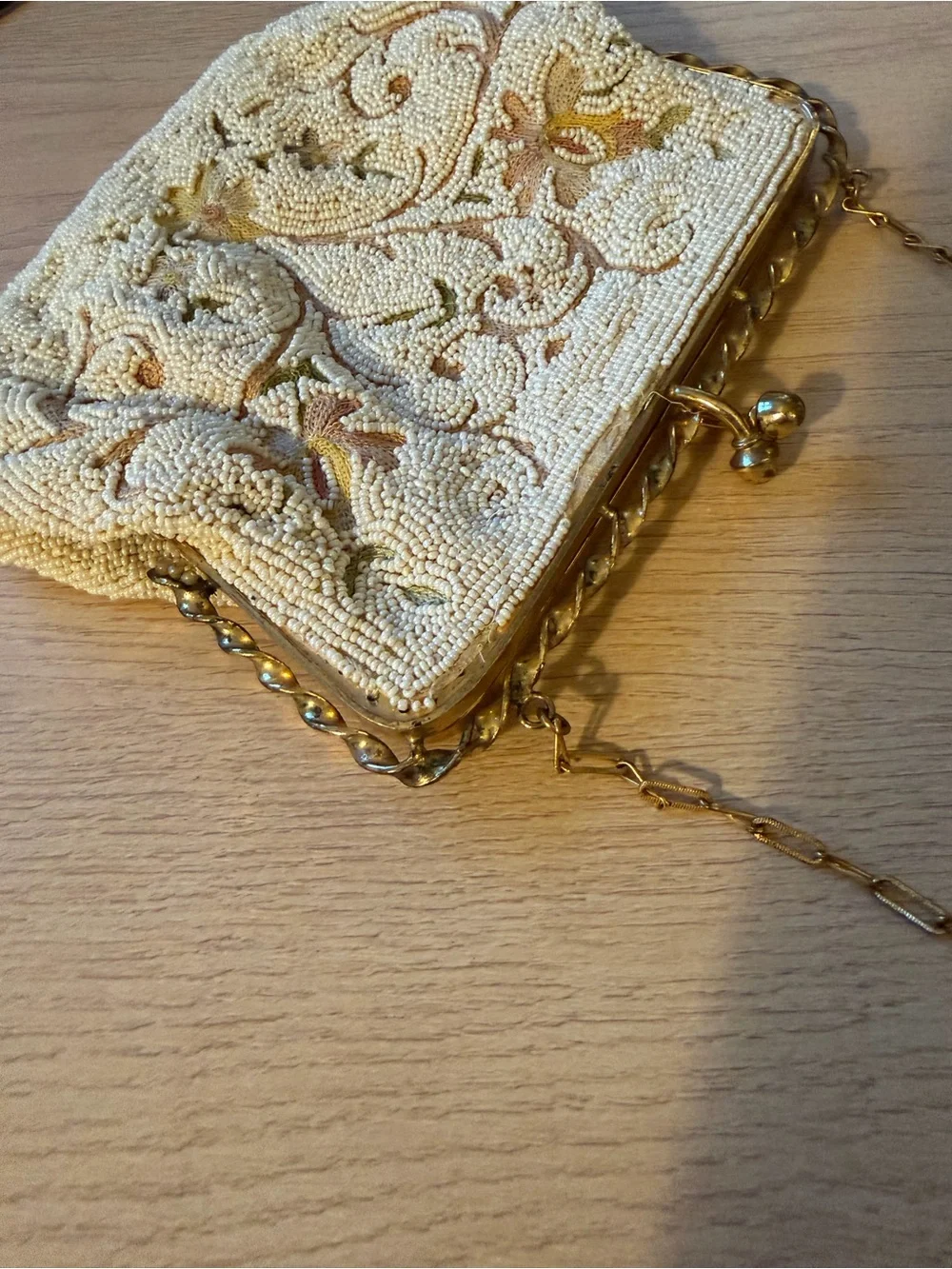 Vintage Longchamp Cream Beaded Floral Evening Clutch with Gold Chain